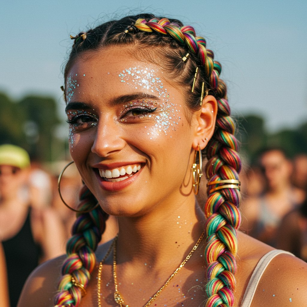 Festival Goer With Colorful Braids