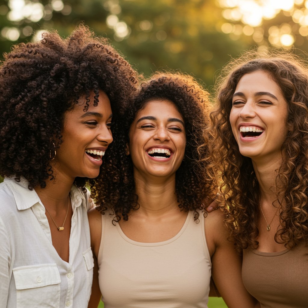 Diverse Women With Healthy Curly Hair Laughing