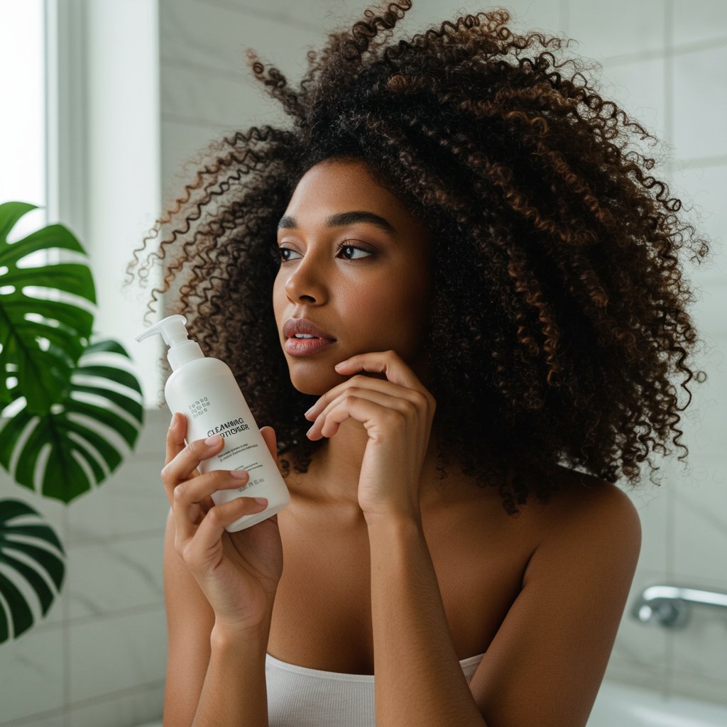 Woman With Curly Hair Holding Conditioner Bottle