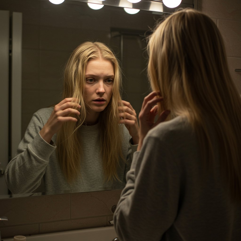 Woman With Fine Hair Looking Concerned At Roots