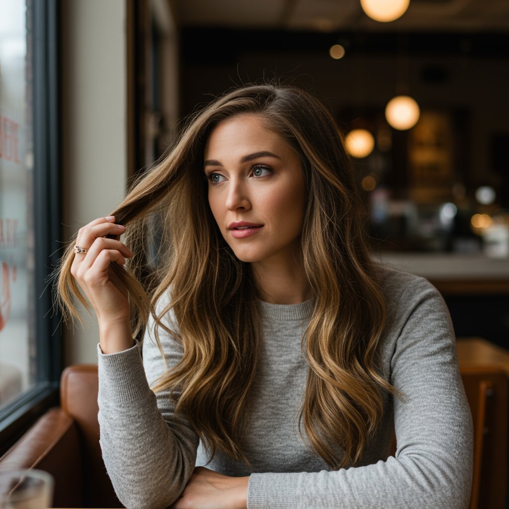 Thoughtful-Woman-Examining-Hair-Extensions