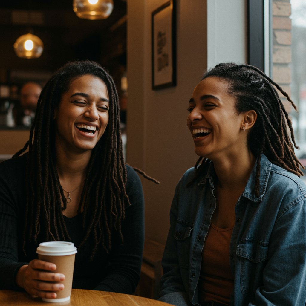 Friends Laughing In Coffee Shop