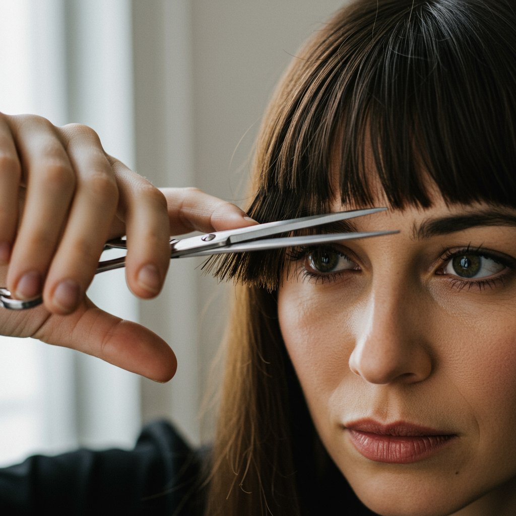 Woman Carefully Trimming Bangs