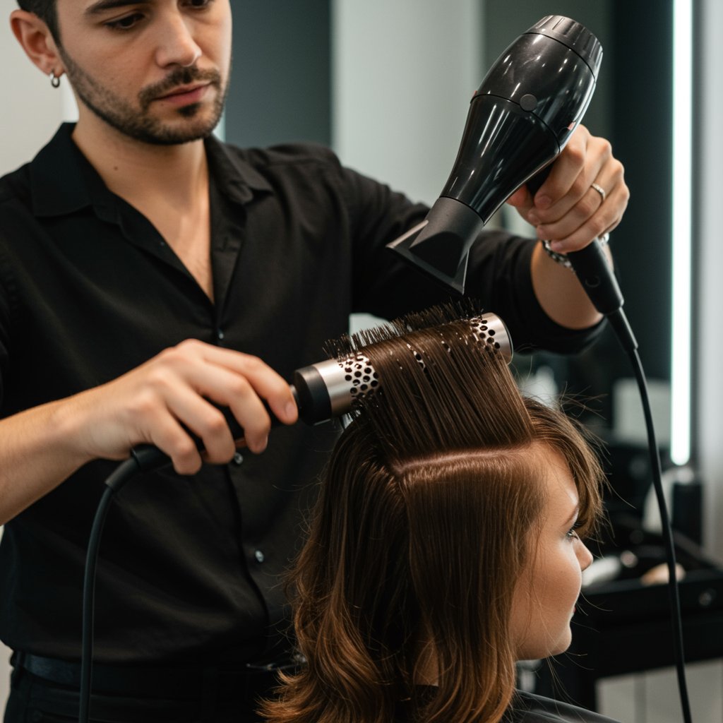 Stylist Using Round Brush Blowdryer