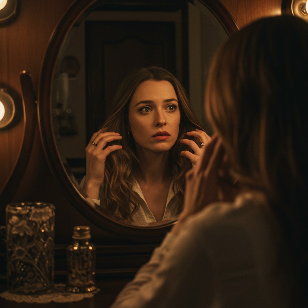 Woman Contemplating Hairstyle In Mirror