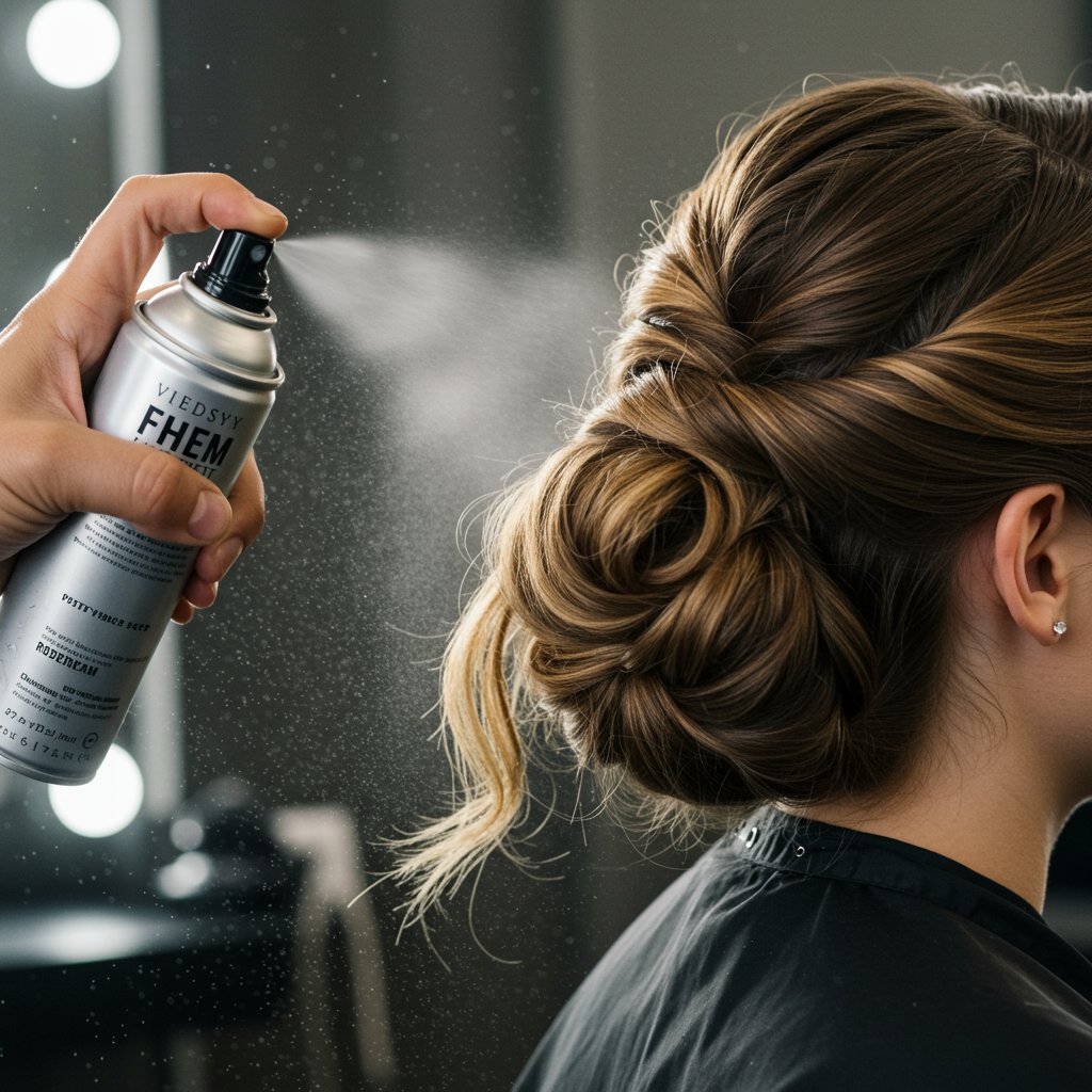 Stylist Applying Shine Spray To French Twist