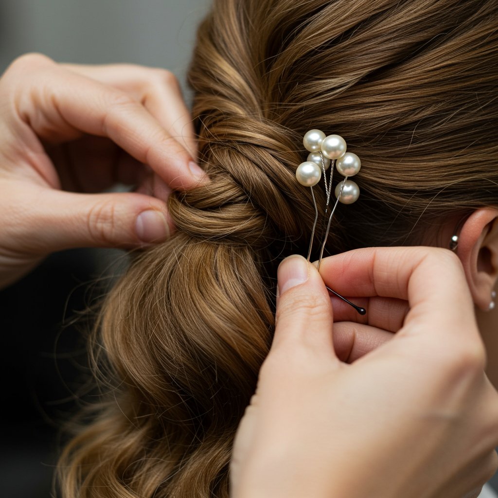 Stylist Adding Pearl Pin To Hairstyle
