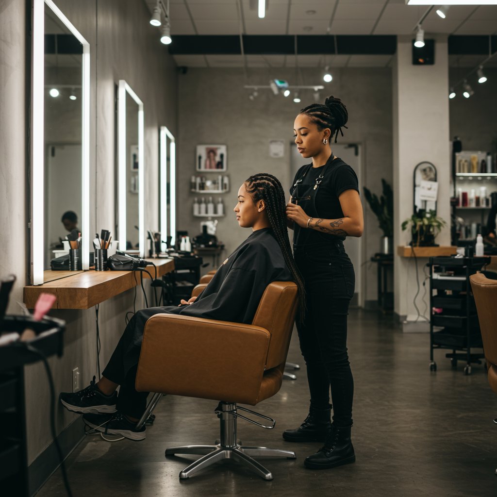 Client In Salon Chair During Braiding