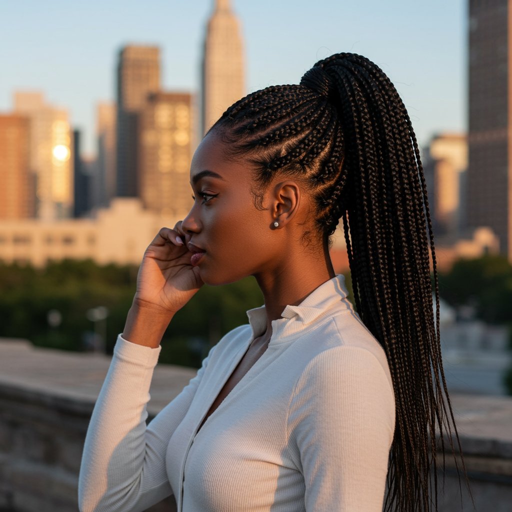 Woman With High Ponytail Knotless Braids