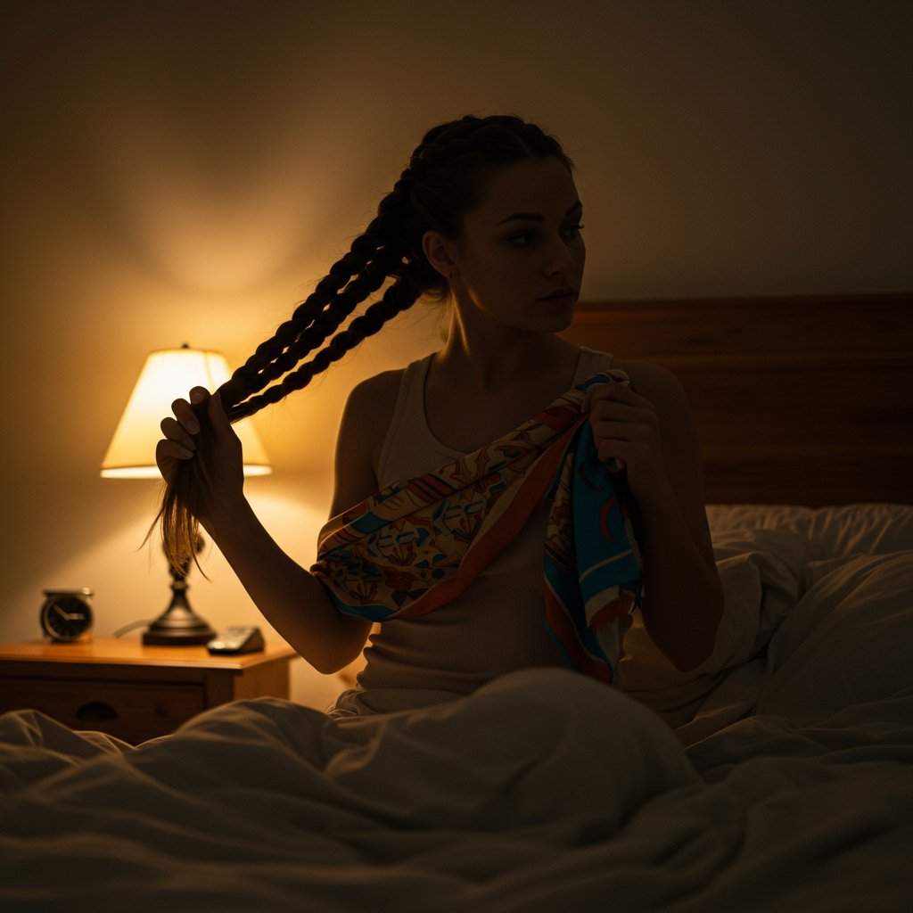Woman Wrapping Braids In Satin Scarf