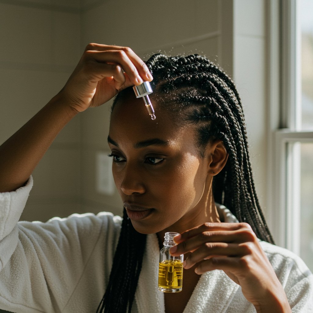 Woman Oiling Scalp Between Knotless Braids