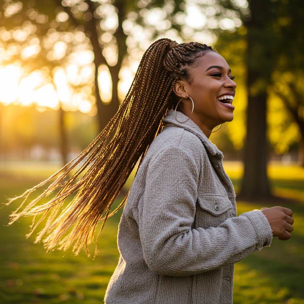 Woman Styling Knotless Braids In High Ponytail