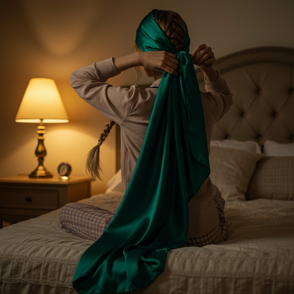 Woman Tying Silk Scarf Over Knotless Braids