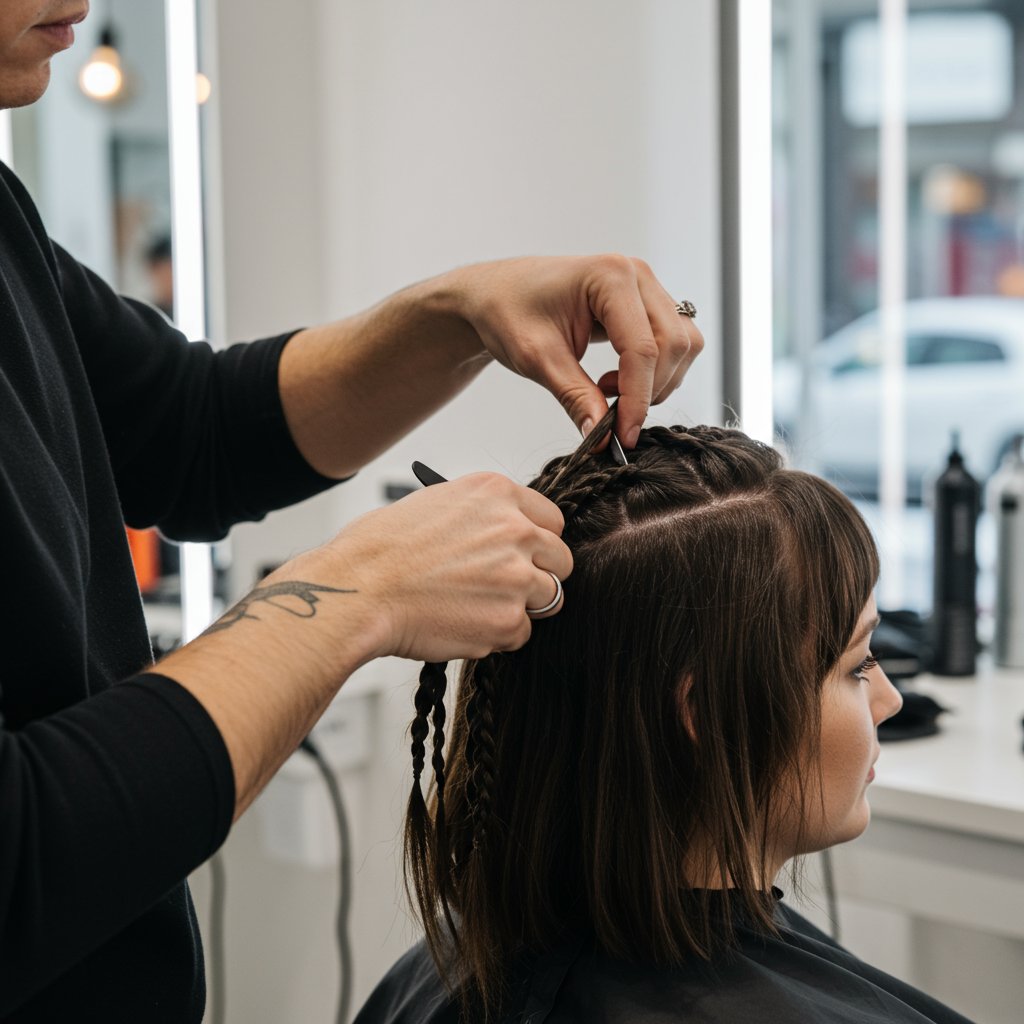 Stylist Installing Knotless Braids In Salon