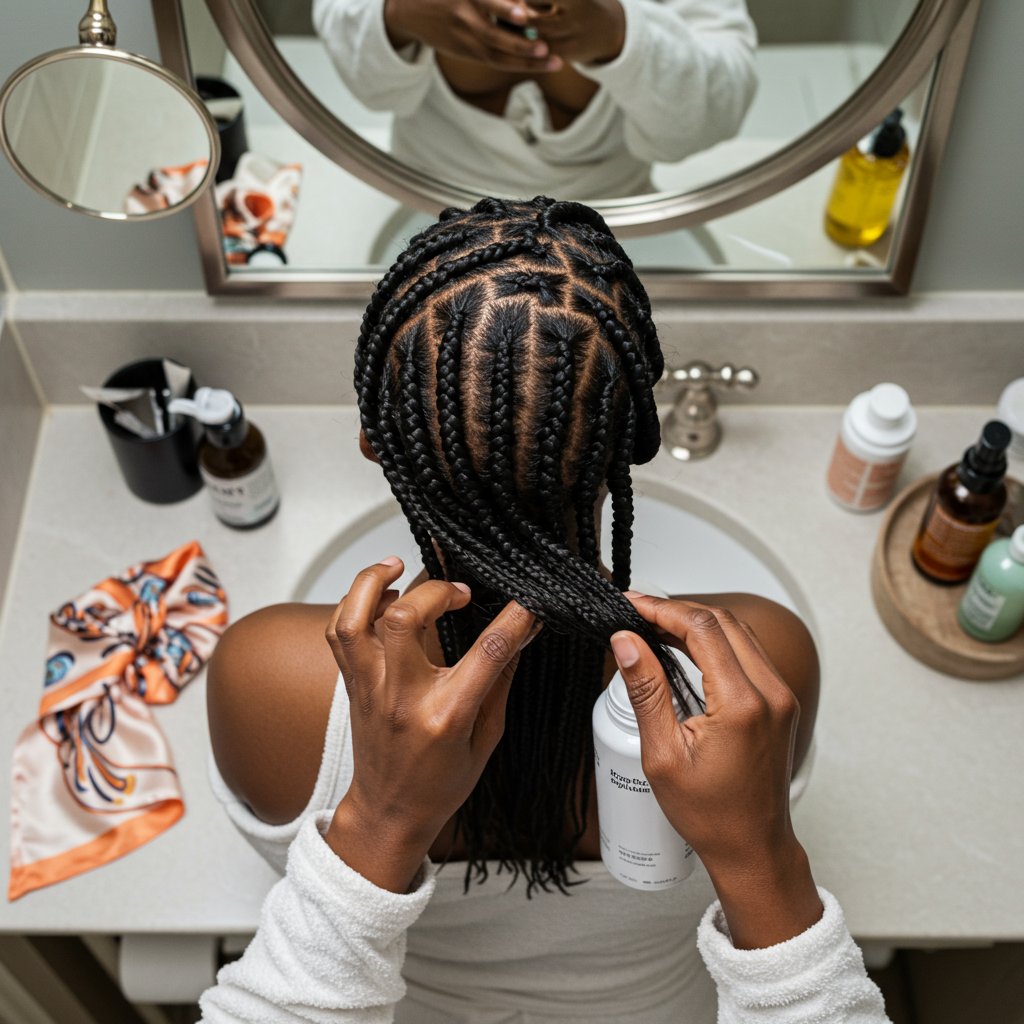 Woman Applying Mousse To Knotless Braids