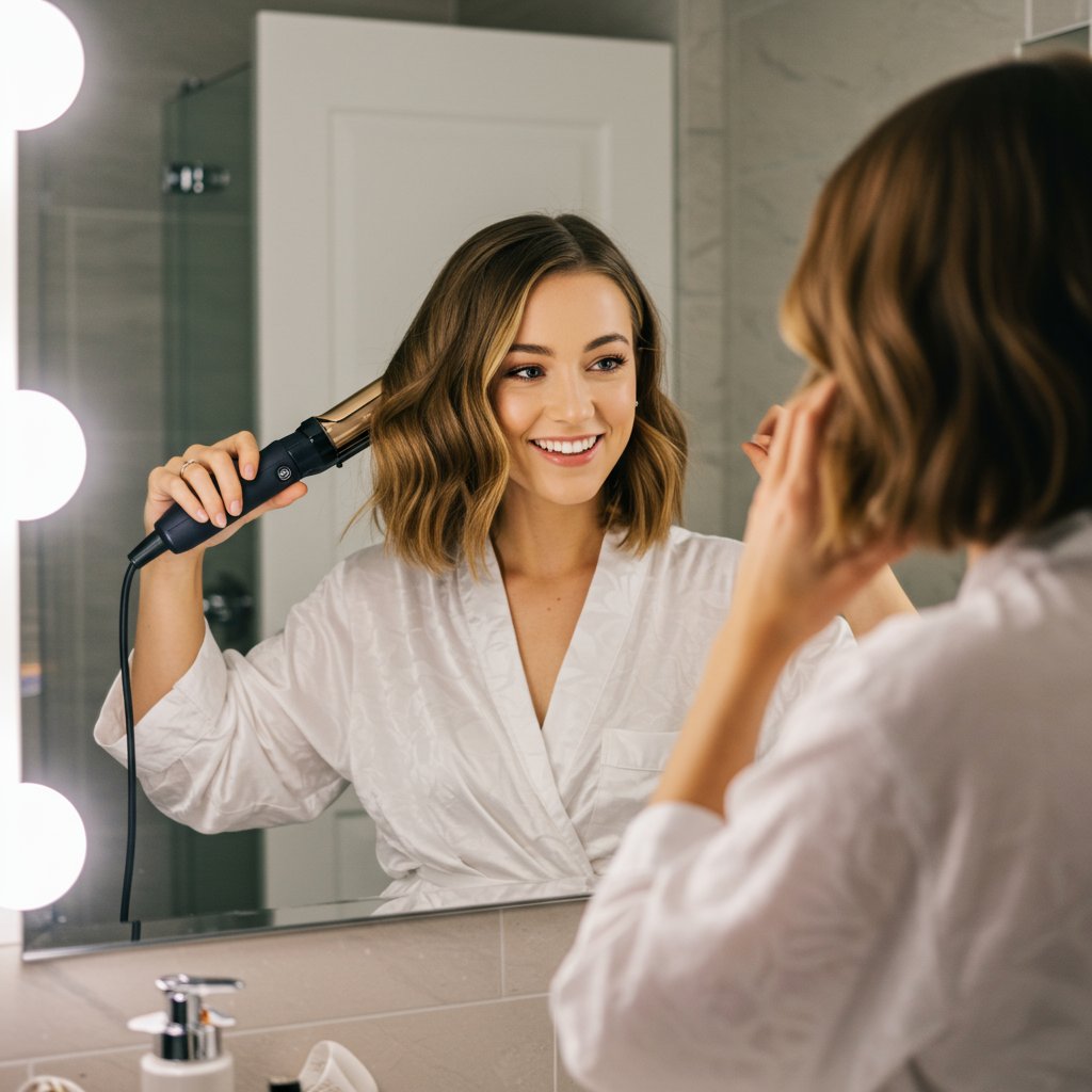 Woman Styling Lob With Curling Wand