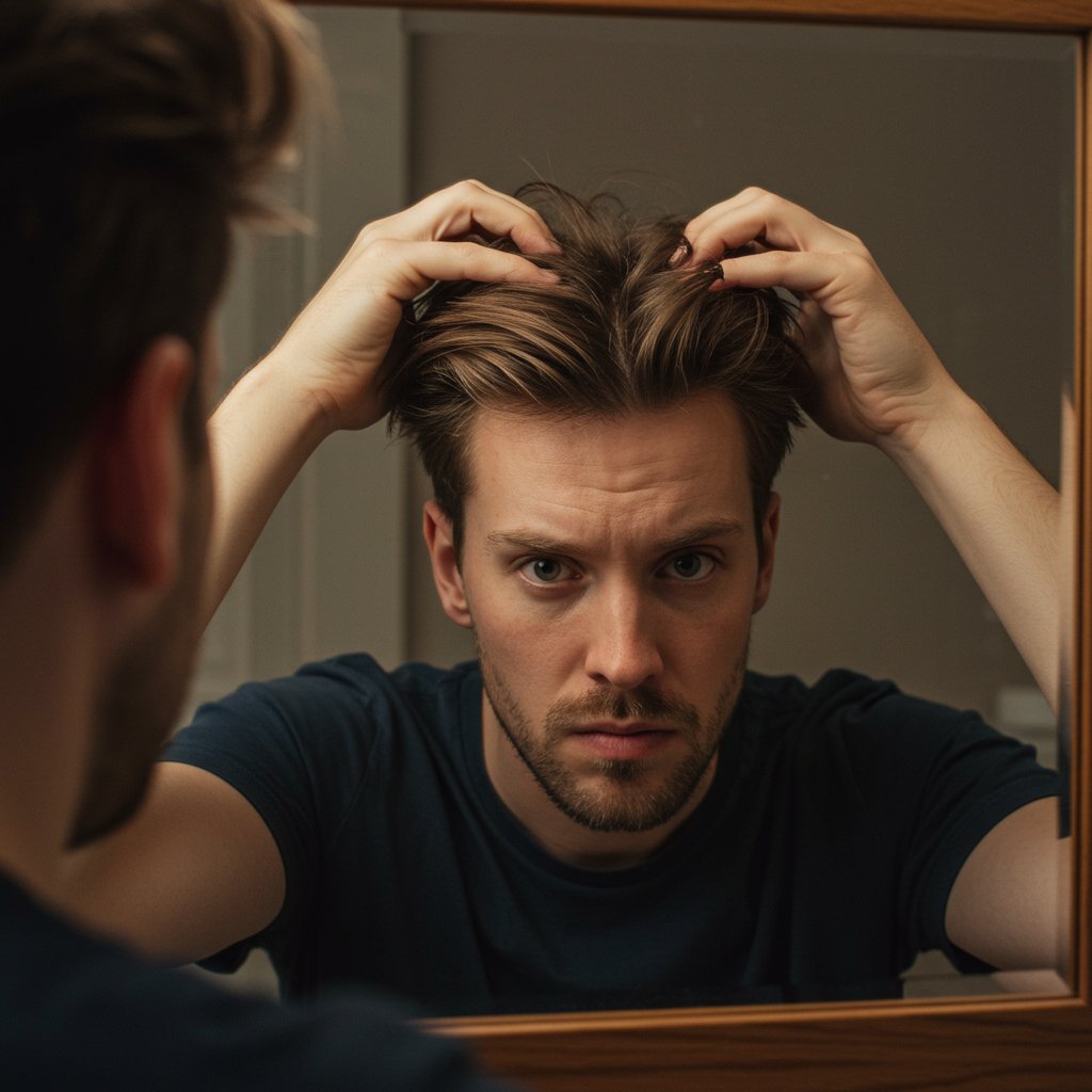 Man Fixing Flat Pompadour In Mirror