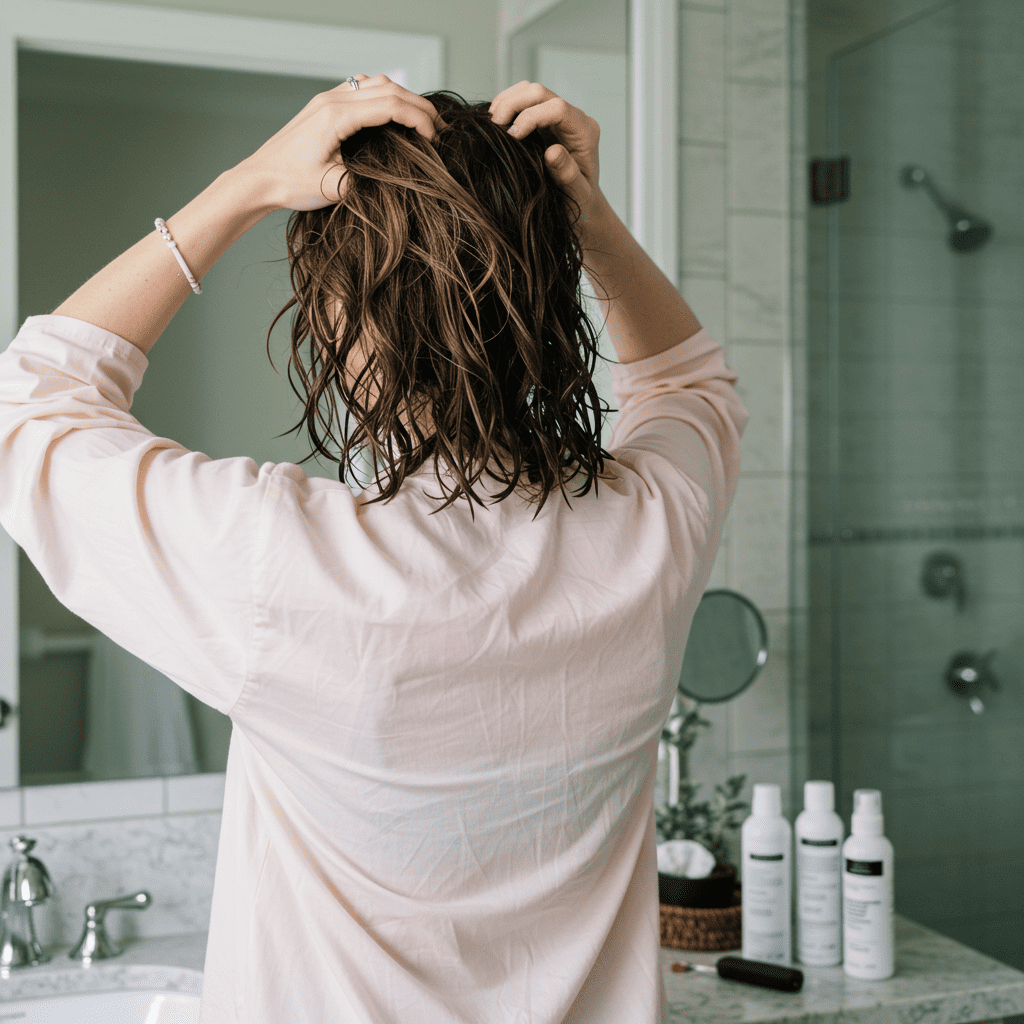 Woman Styling Her Shag In Bathroom