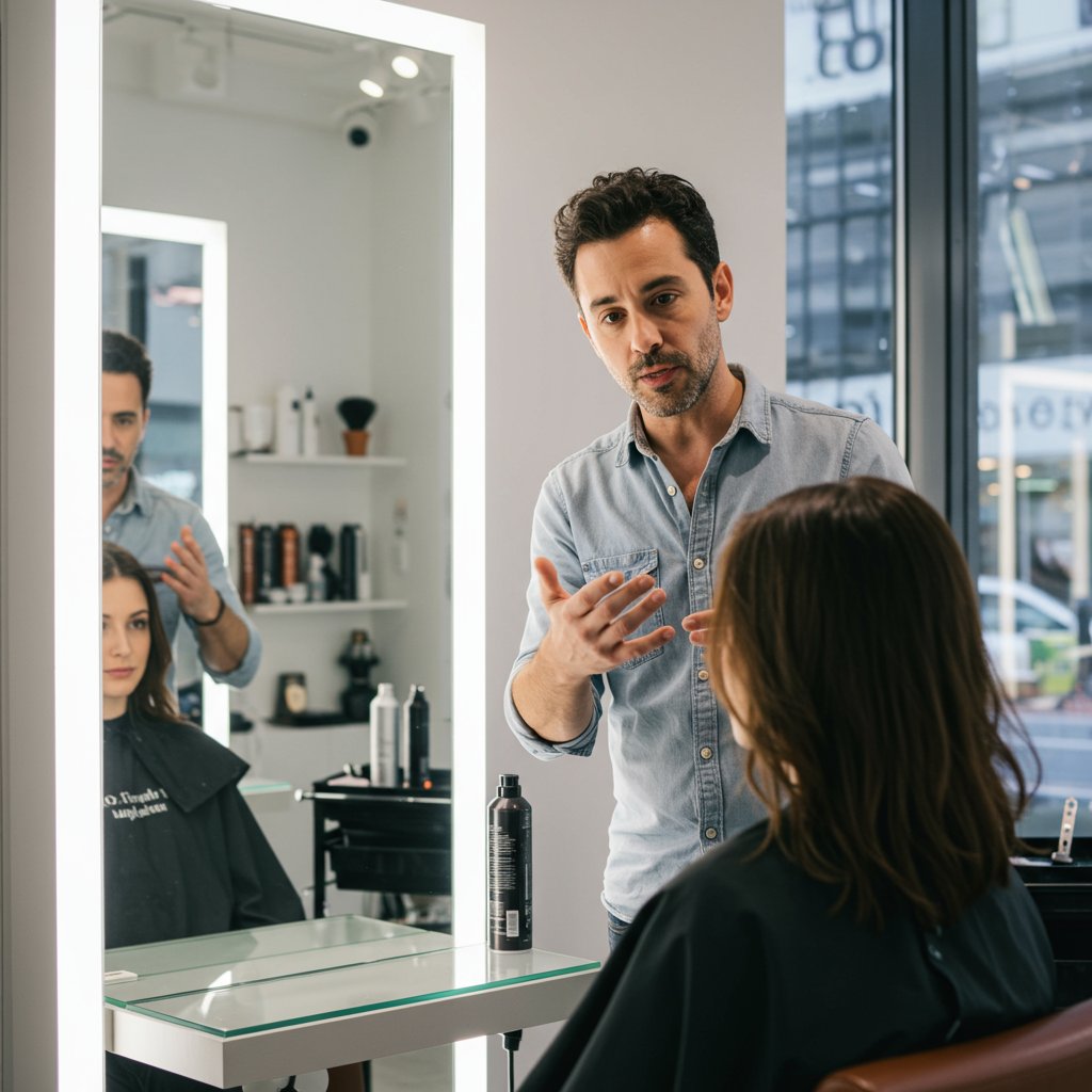 Stylist Consulting Client In Salon Mirror