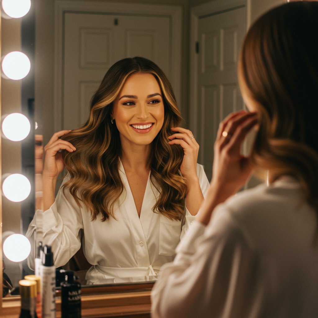 Woman Confident With Her Hair In Mirror