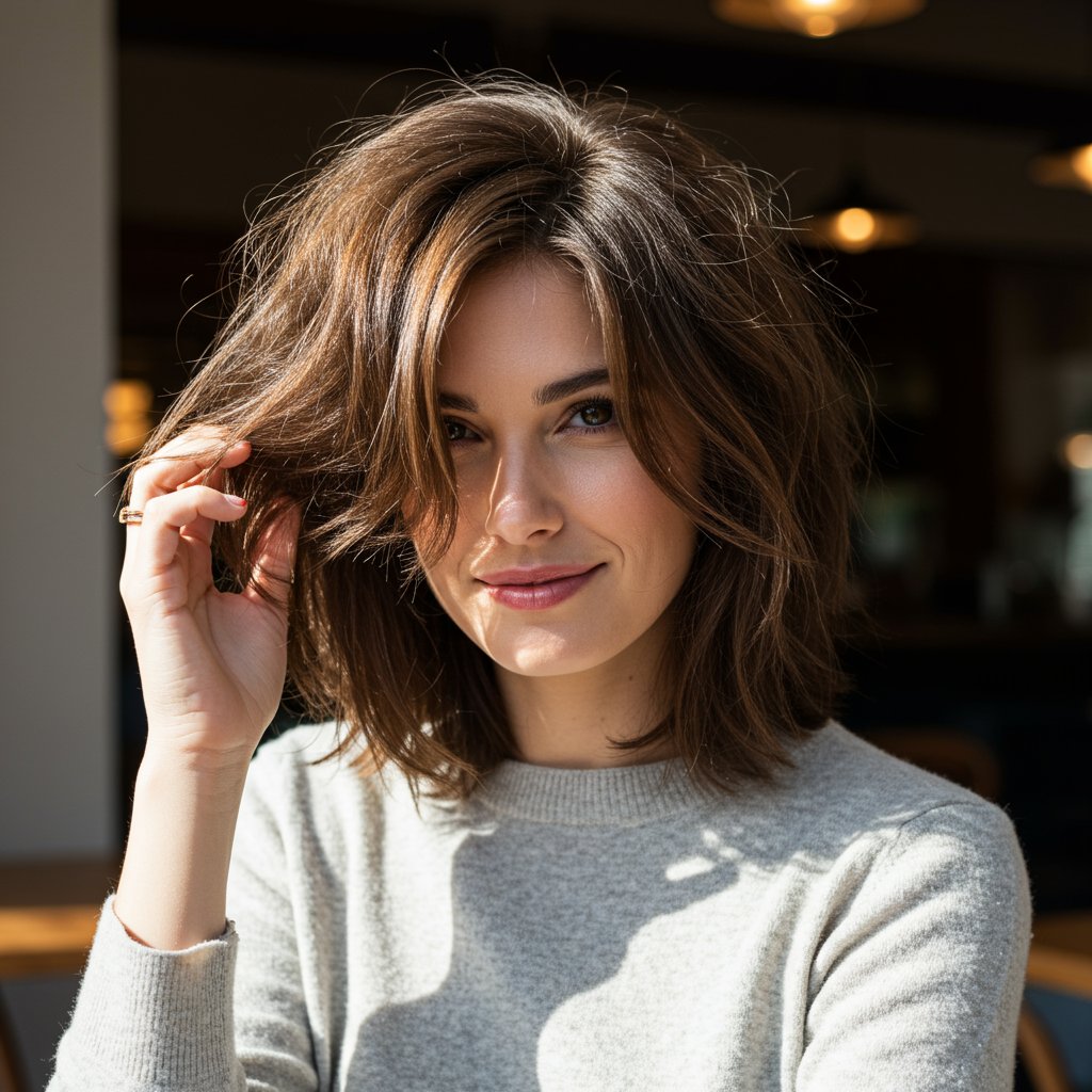 Woman Confidently Touching Shag Haircut