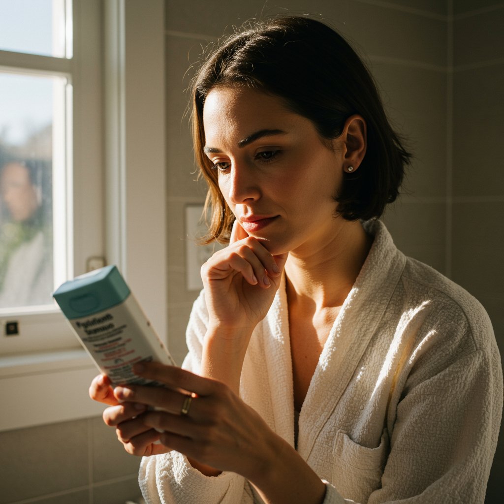 Woman Reading Shampoo Ingredient Label