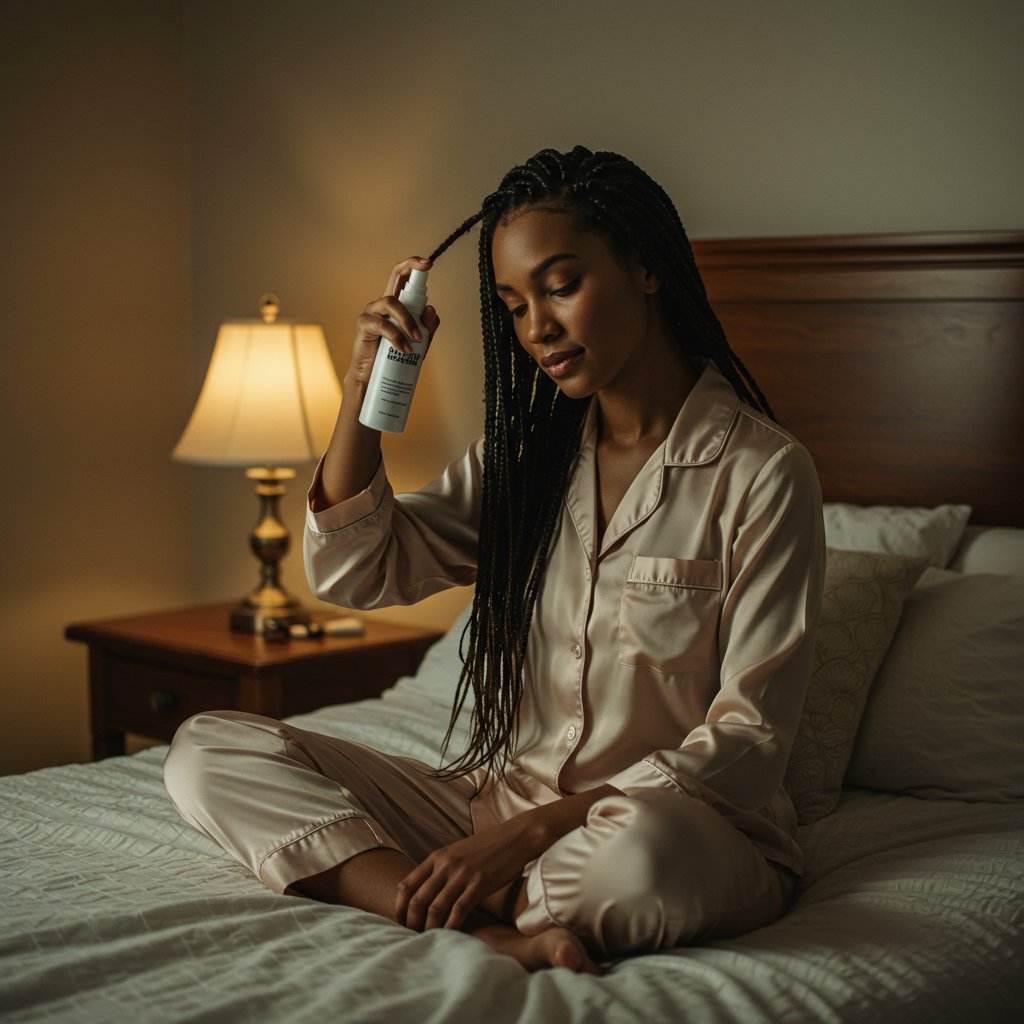 Woman Moisturizing Scalp With Knotless Braids