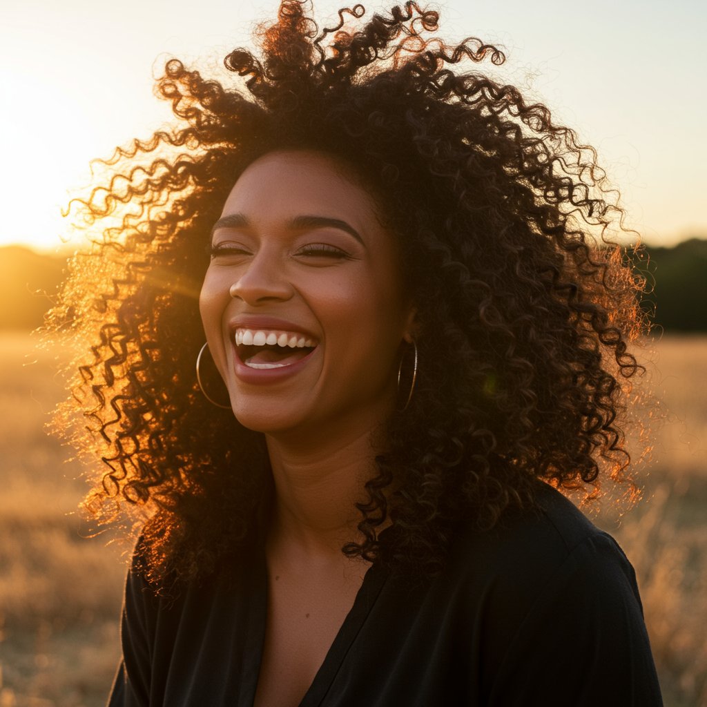 Confident Woman With Perfect Wavy Hair At Golden Hour