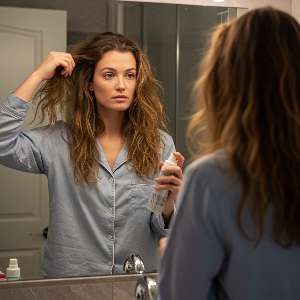 Woman With Messy Second Day Wavy Hair In Mirror