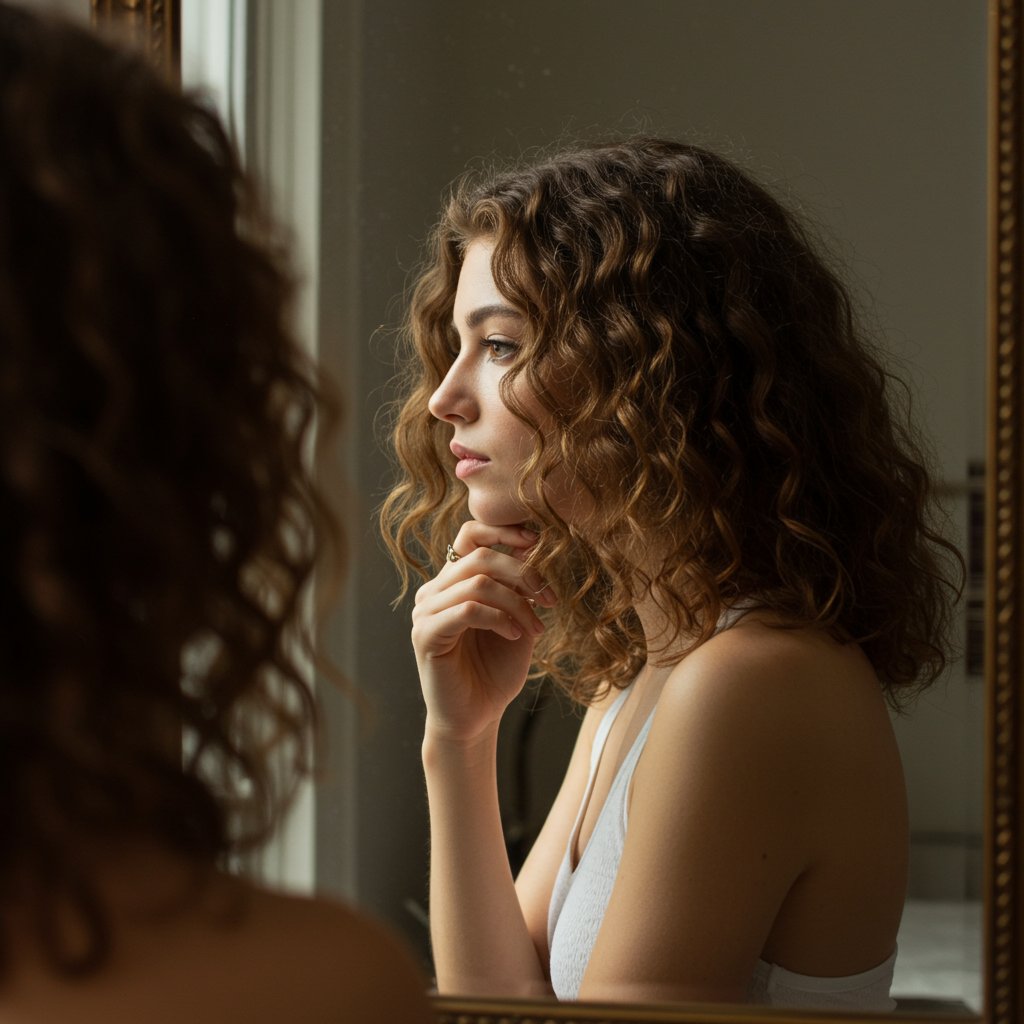 Woman With Natural Wavy Hair Looking In Mirror