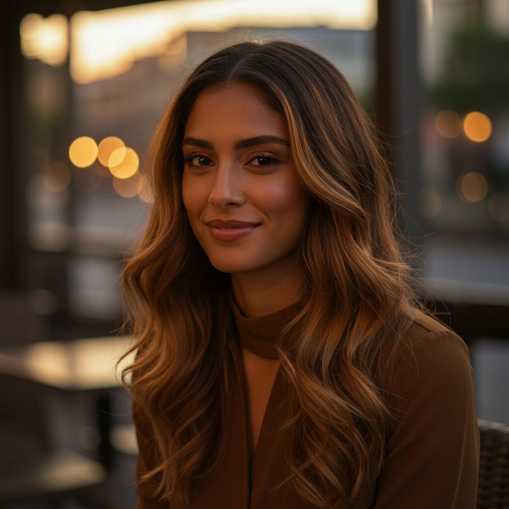Olive Skin Woman With Caramel Balayage