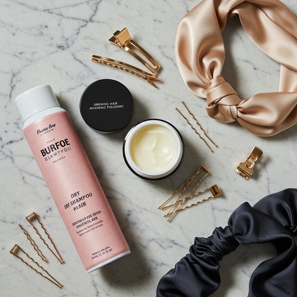 Flat Lay Of Hair Styling Products And Accessories