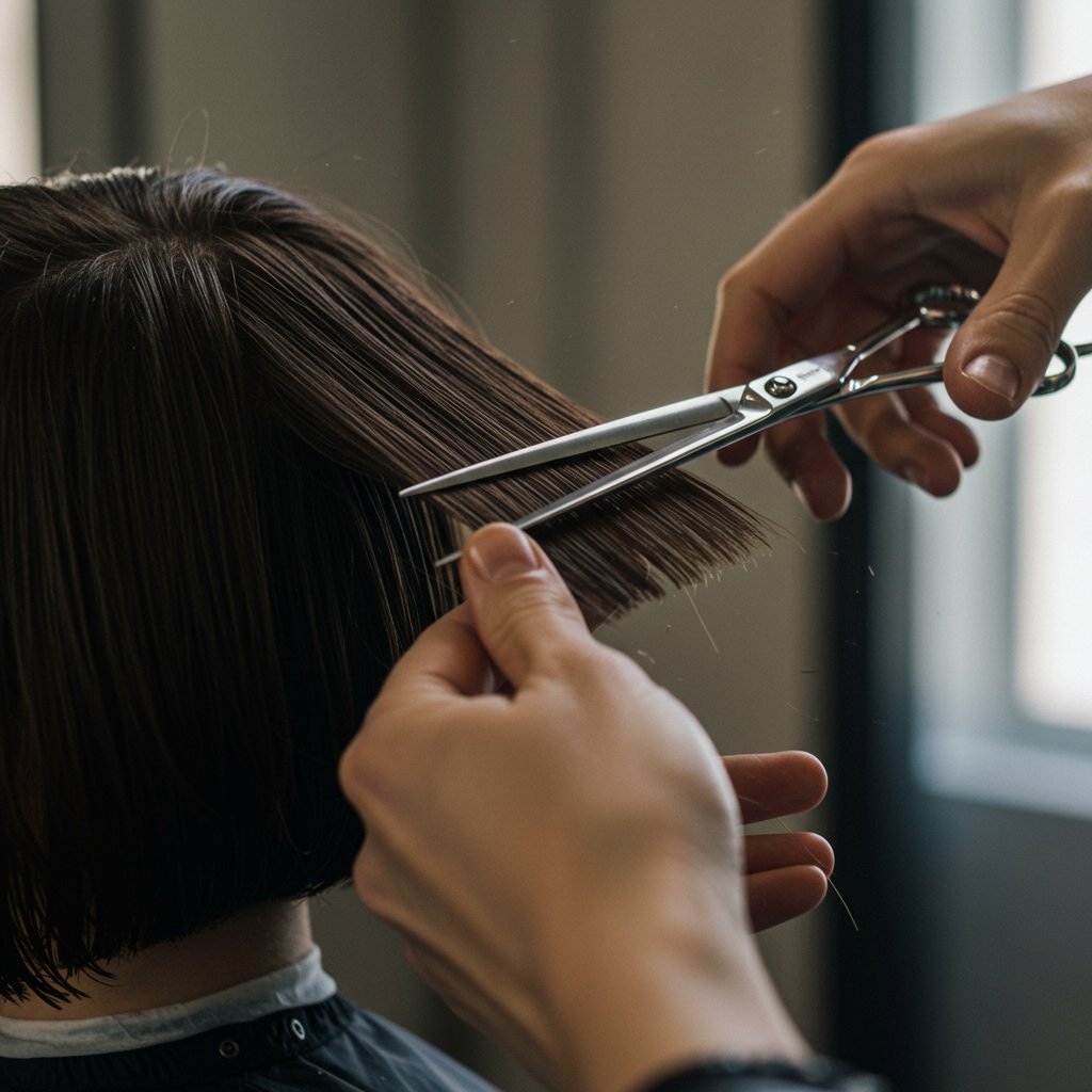 Stylist Performing Shaping Trim On Bob