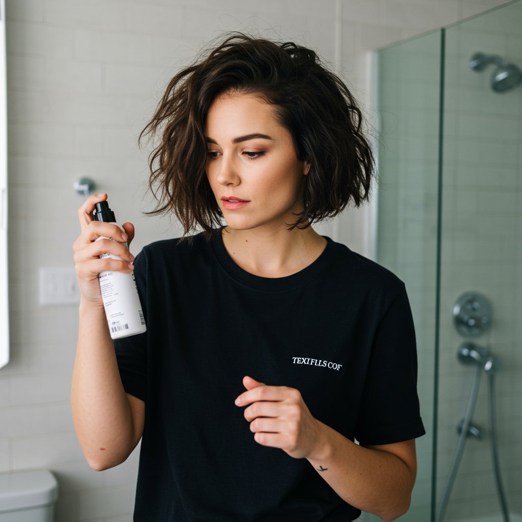 Woman Styling Shaggy Bob Hairstyle