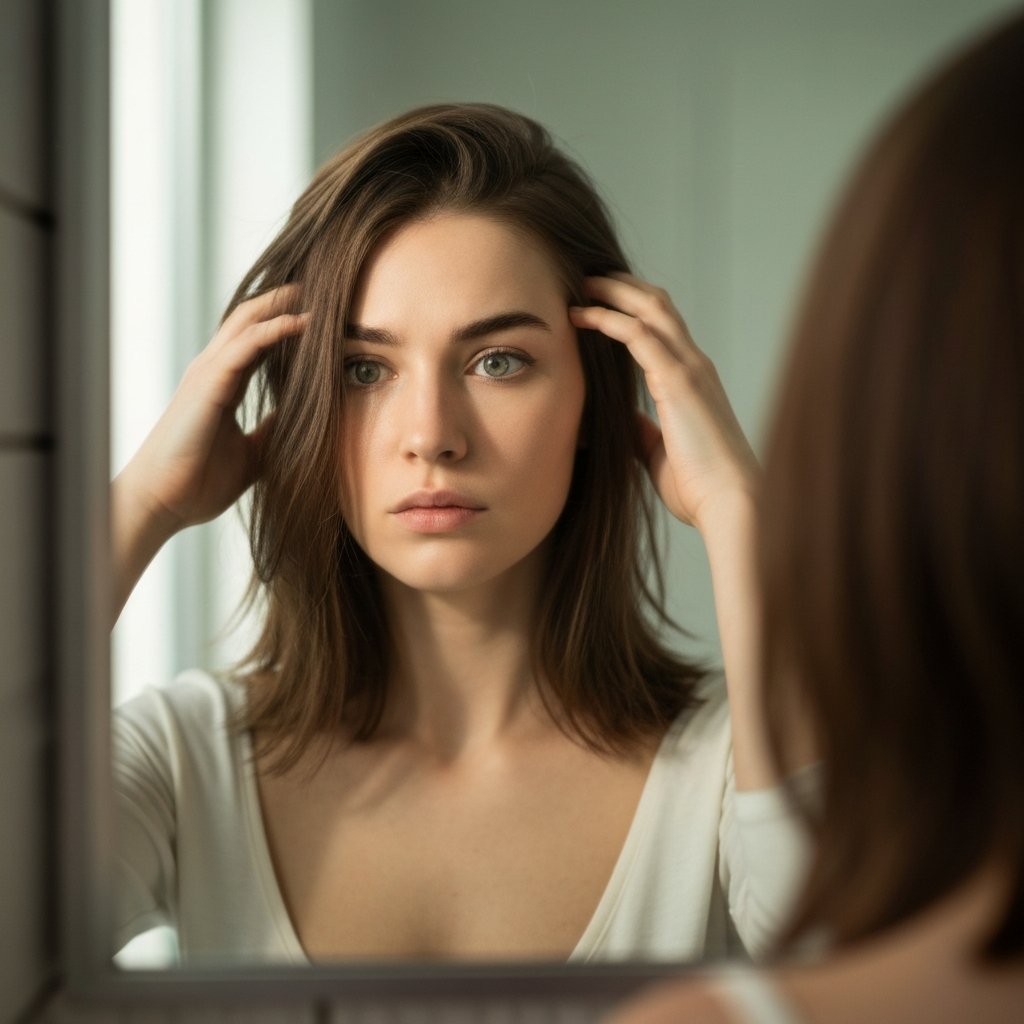 Woman-Examining-Hair-Roots-Mirror