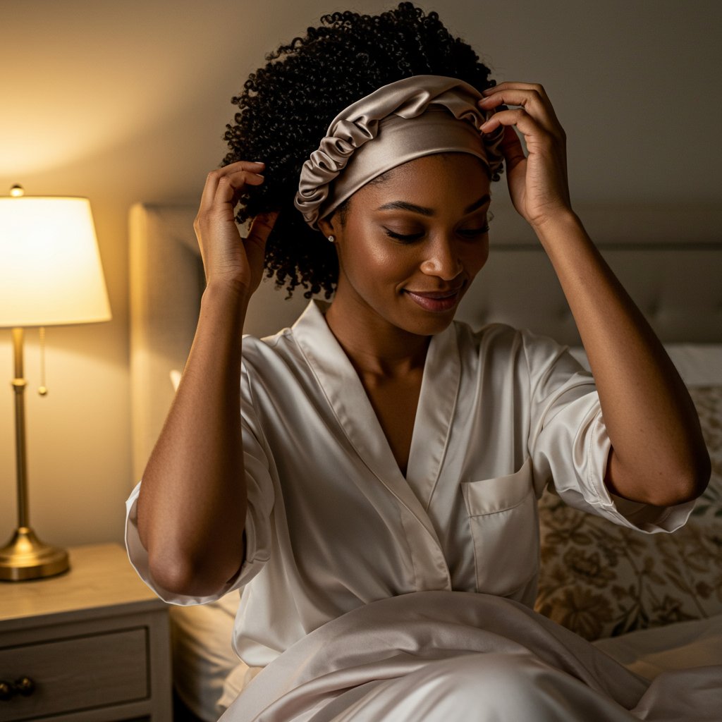 Woman-Wearing-Satin-Bonnet-For-Bed