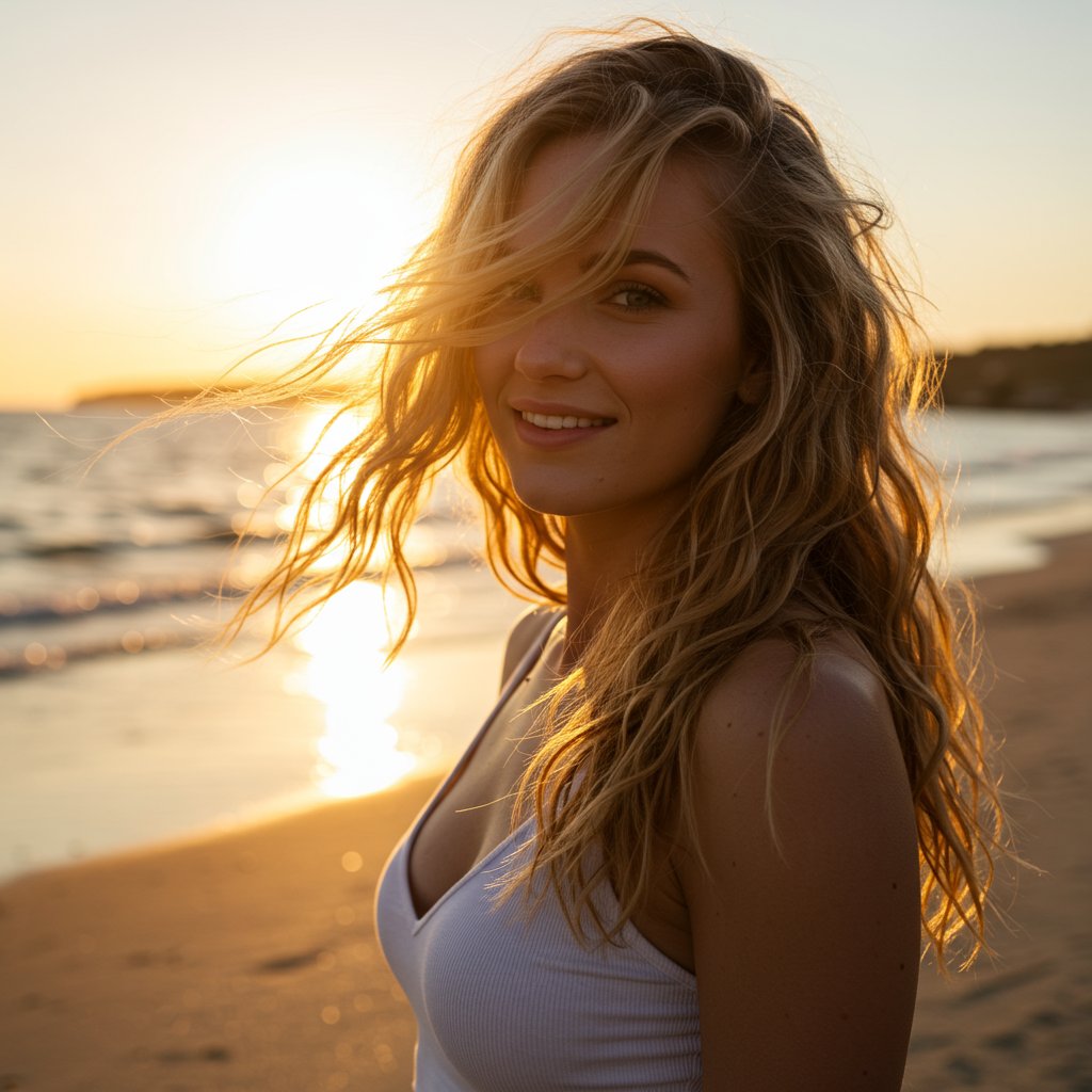 Woman With Natural Wavy Hair On Beach