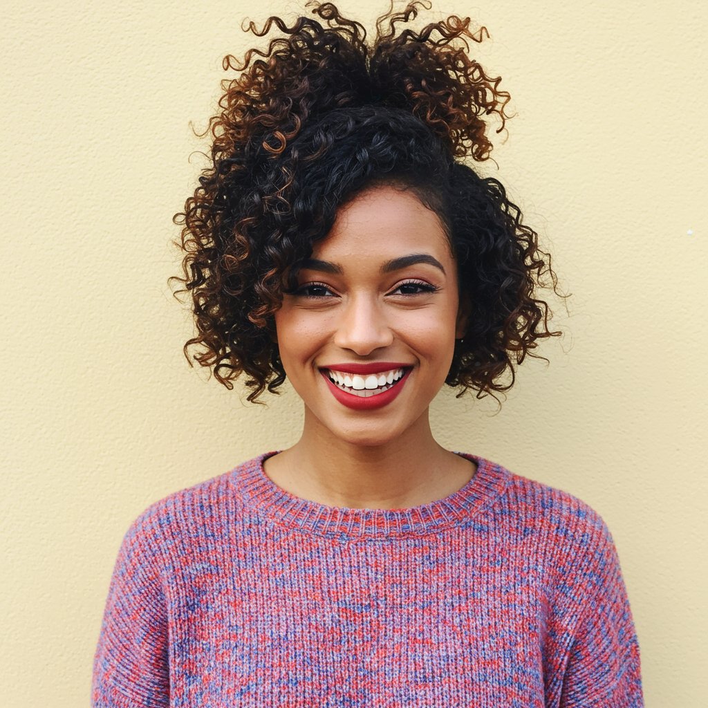 Woman-With-Curly-Bob-Half-Up-Style