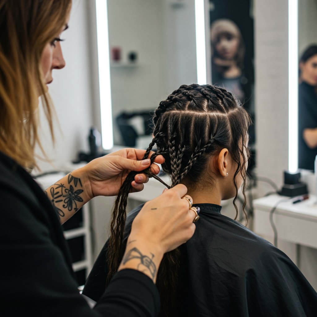 Stylist Gently Installing Knotless Braid