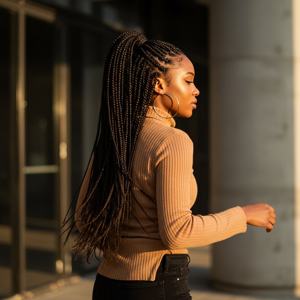 Woman Styling Knotless Braids In Updo