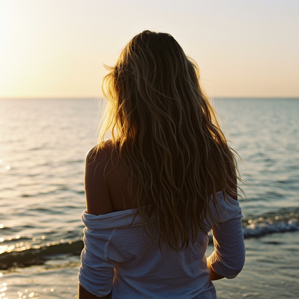 Woman With Natural Beach Waves On The Shore
