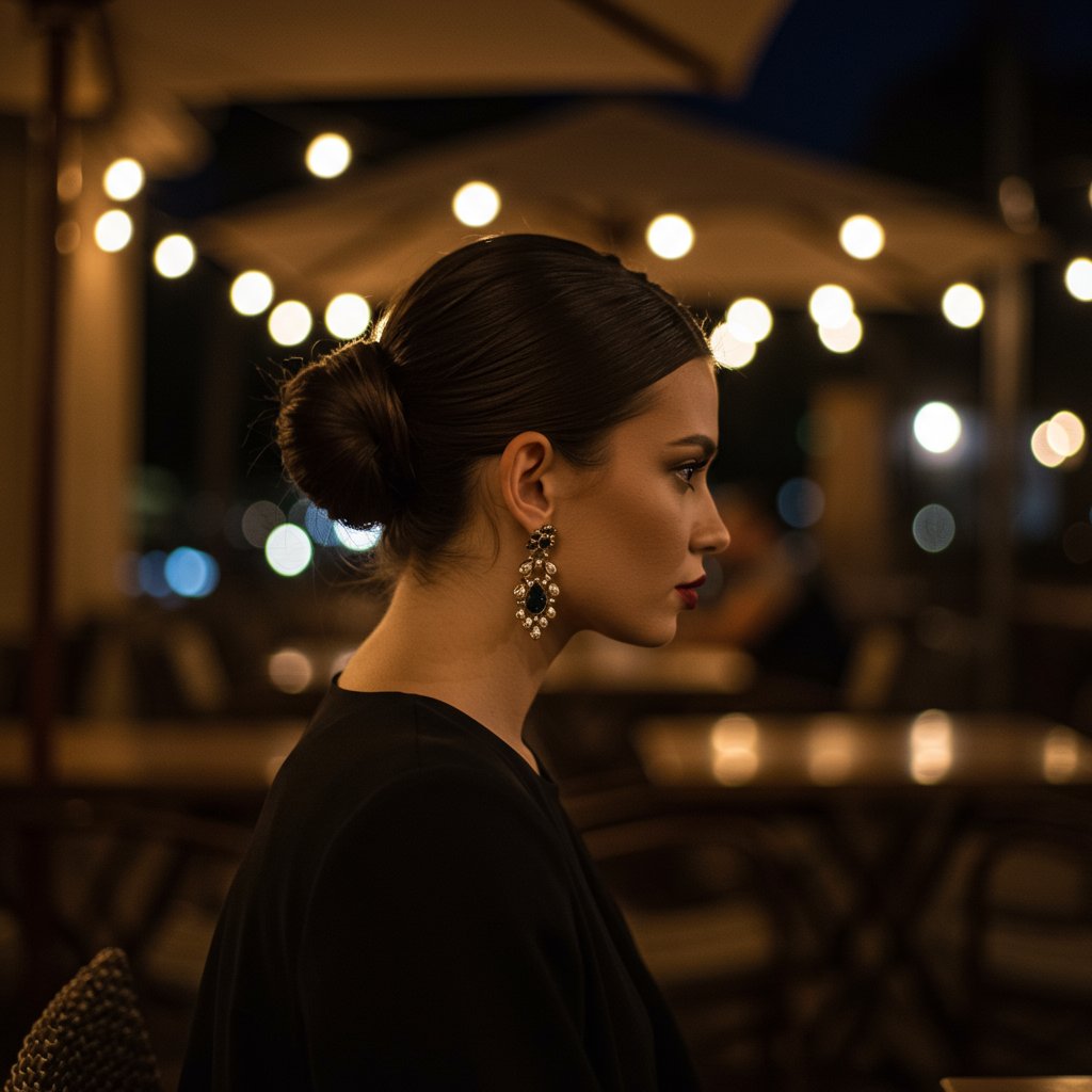 Woman With Sleek Top Knot At Dinner