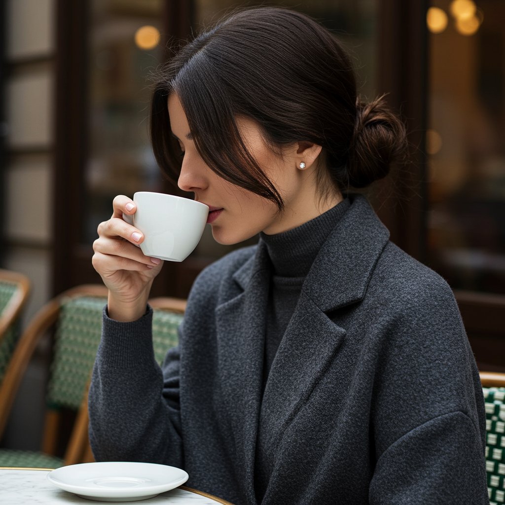 Woman With Chic Low Chignon At Cafe