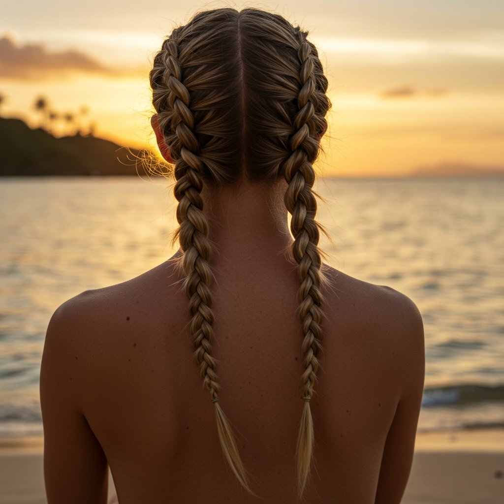Woman With Dutch Braids At Beach