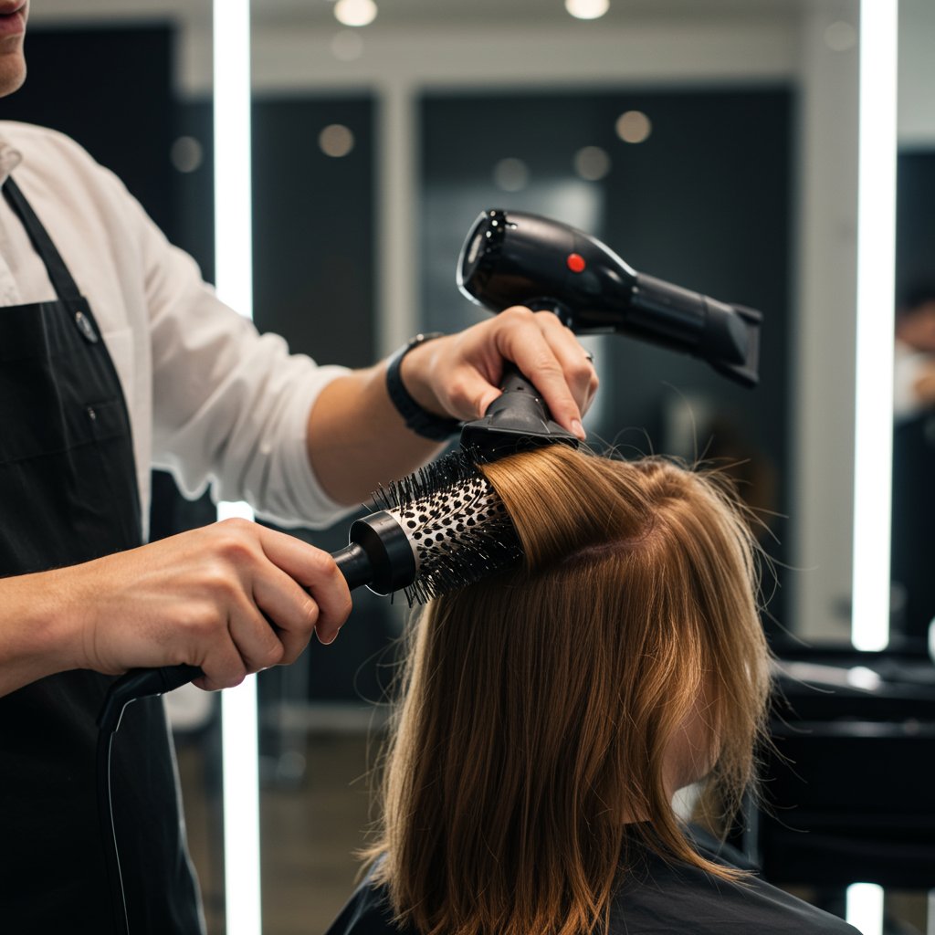 Stylist-Using-Round-Brush-And-Blow-Dryer