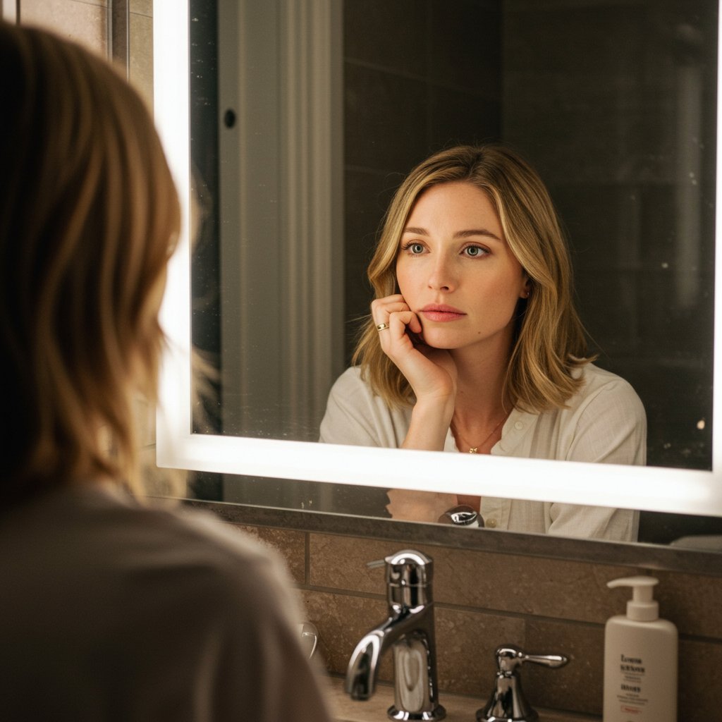 Woman-Contemplating-Hair-In-Mirror
