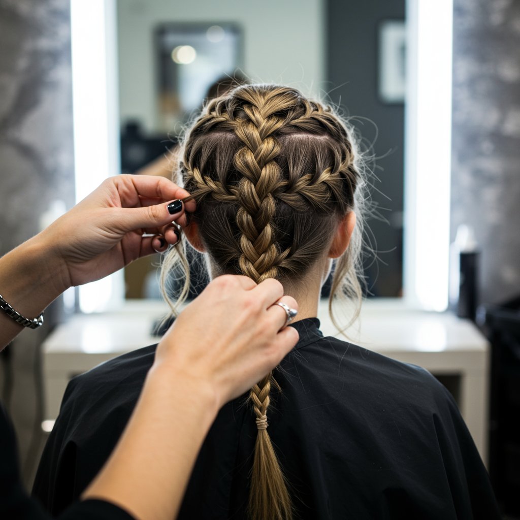 Stylist-Finishing-Waterfall-Braid-In-Salon