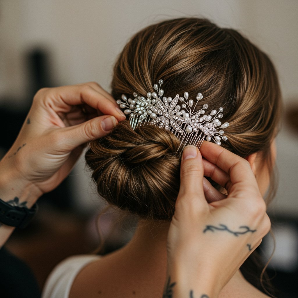 Stylist Placing Jeweled Comb In Bridal Updo