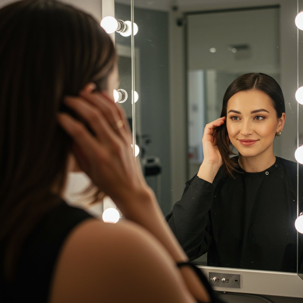 Woman Smiling At Reflection In Mirror