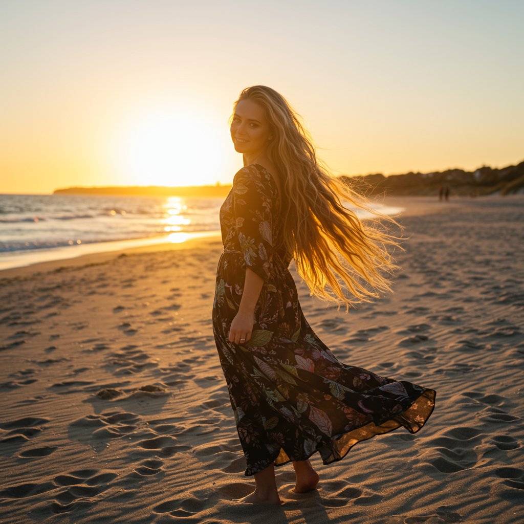 Woman With Long Hair On Beach